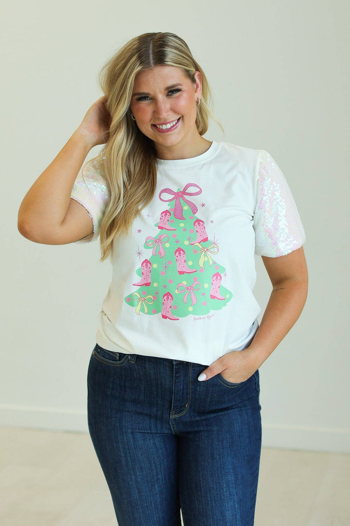 Christmas Tree Shirt with Sequin Sleeves - Curvy