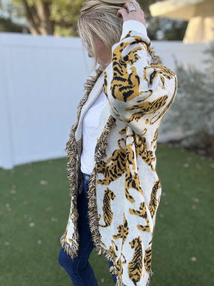 Animal Print Knit Fringe Cardigan- Reg & Curvy