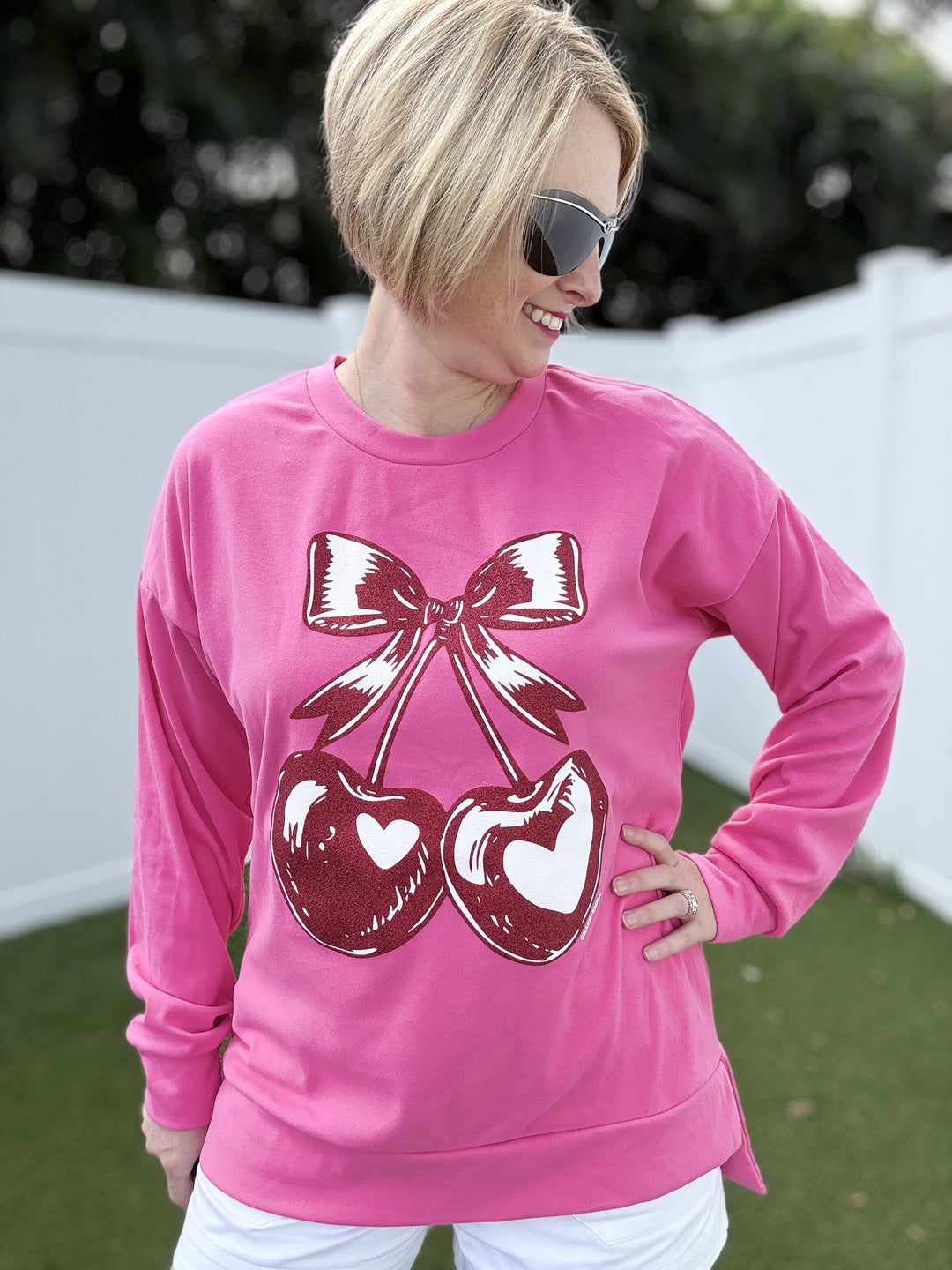 Heart Cherries on Pink Sweatshirt - Reg & Curvy