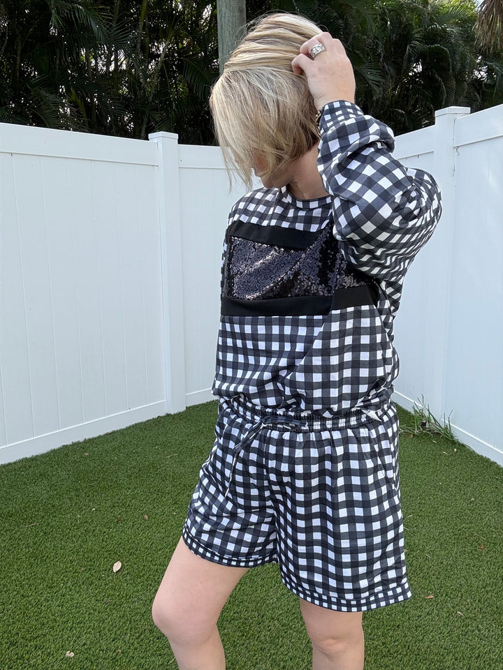 Stylin in Gingham Loungewear Set with Shorts and Sequins