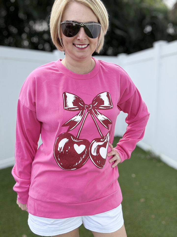 Heart Cherries on Pink Sweatshirt - Reg & Curvy