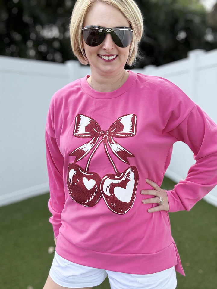 Heart Cherries on Pink Sweatshirt - Reg & Curvy