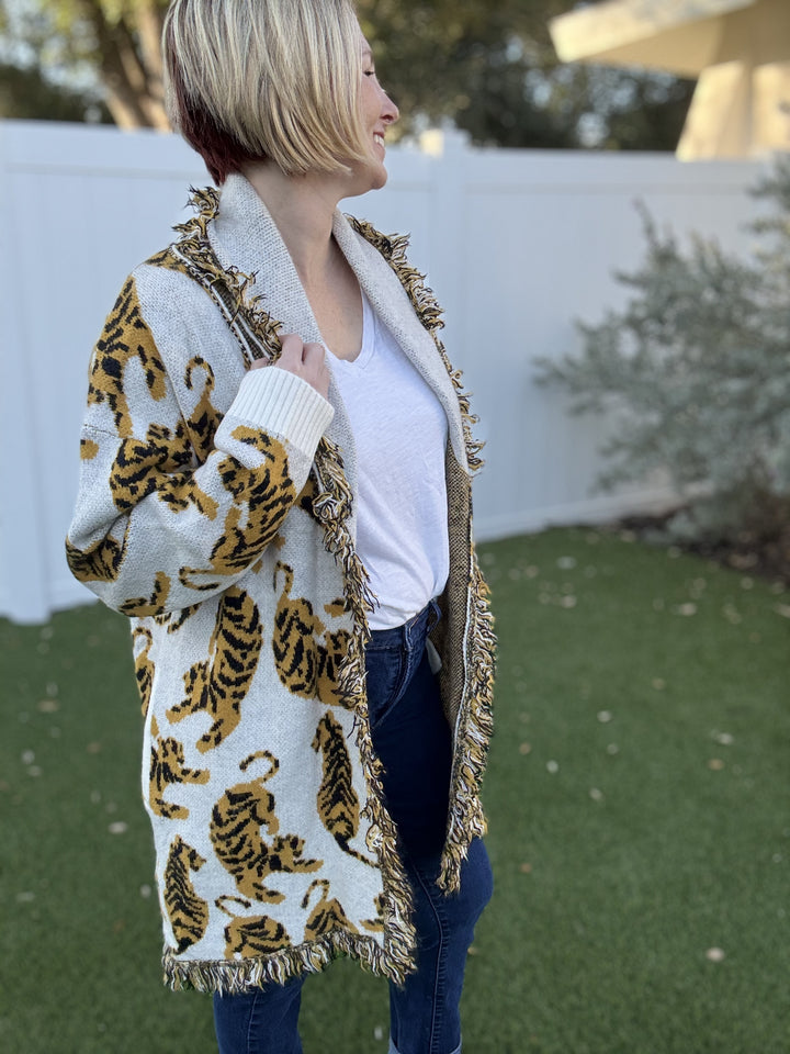 Animal Print Knit Fringe Cardigan- Reg & Curvy