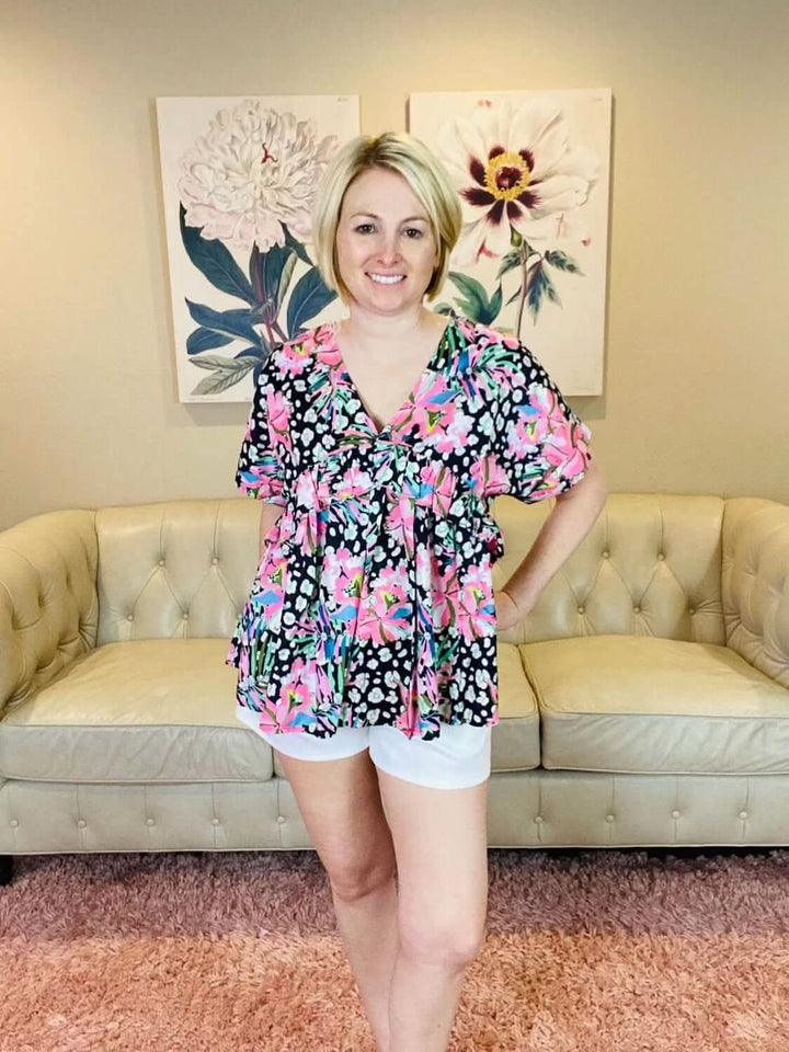 Black, White and Pink Floral Print Shirt - Lolo Viv Boutique