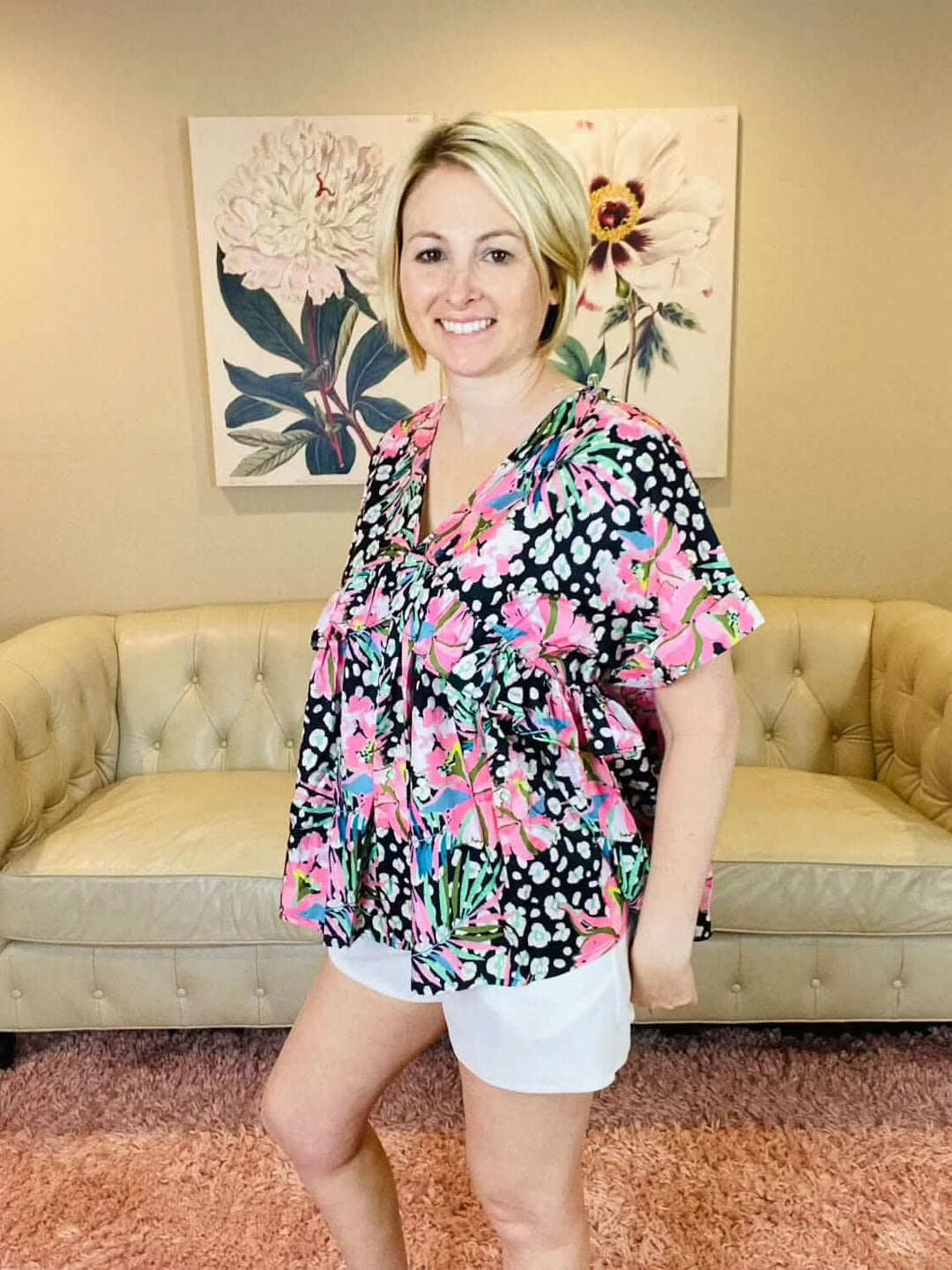 Black, White and Pink Floral Print Shirt - Lolo Viv Boutique