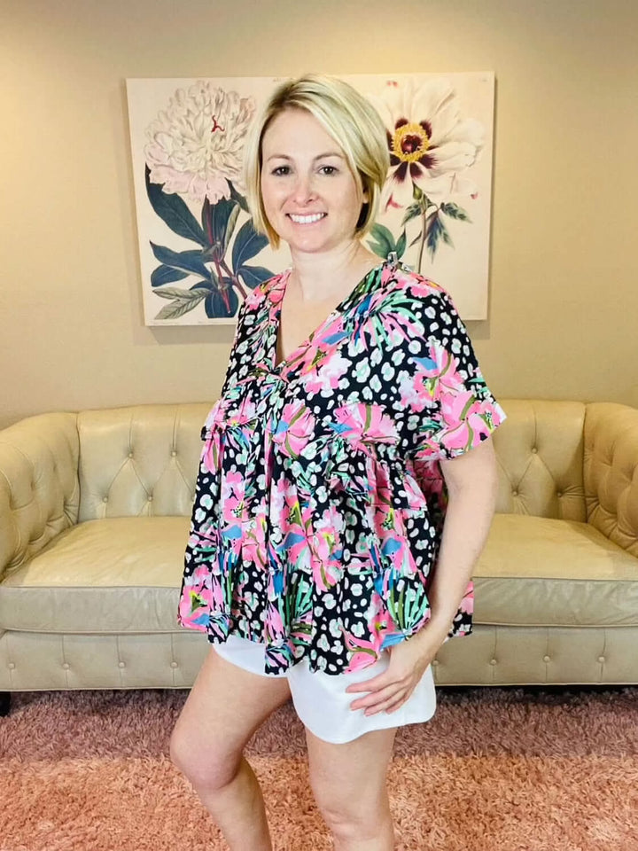 Black, White and Pink Floral Print Shirt - Lolo Viv Boutique