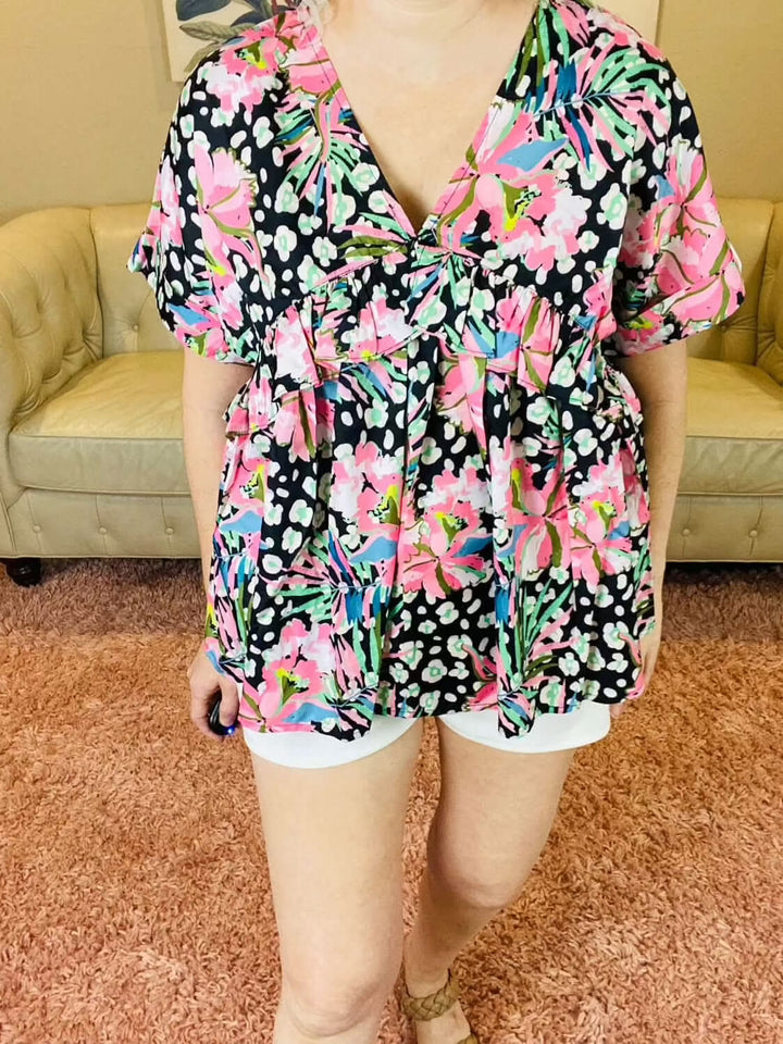 Black, White and Pink Floral Print Shirt - Lolo Viv Boutique