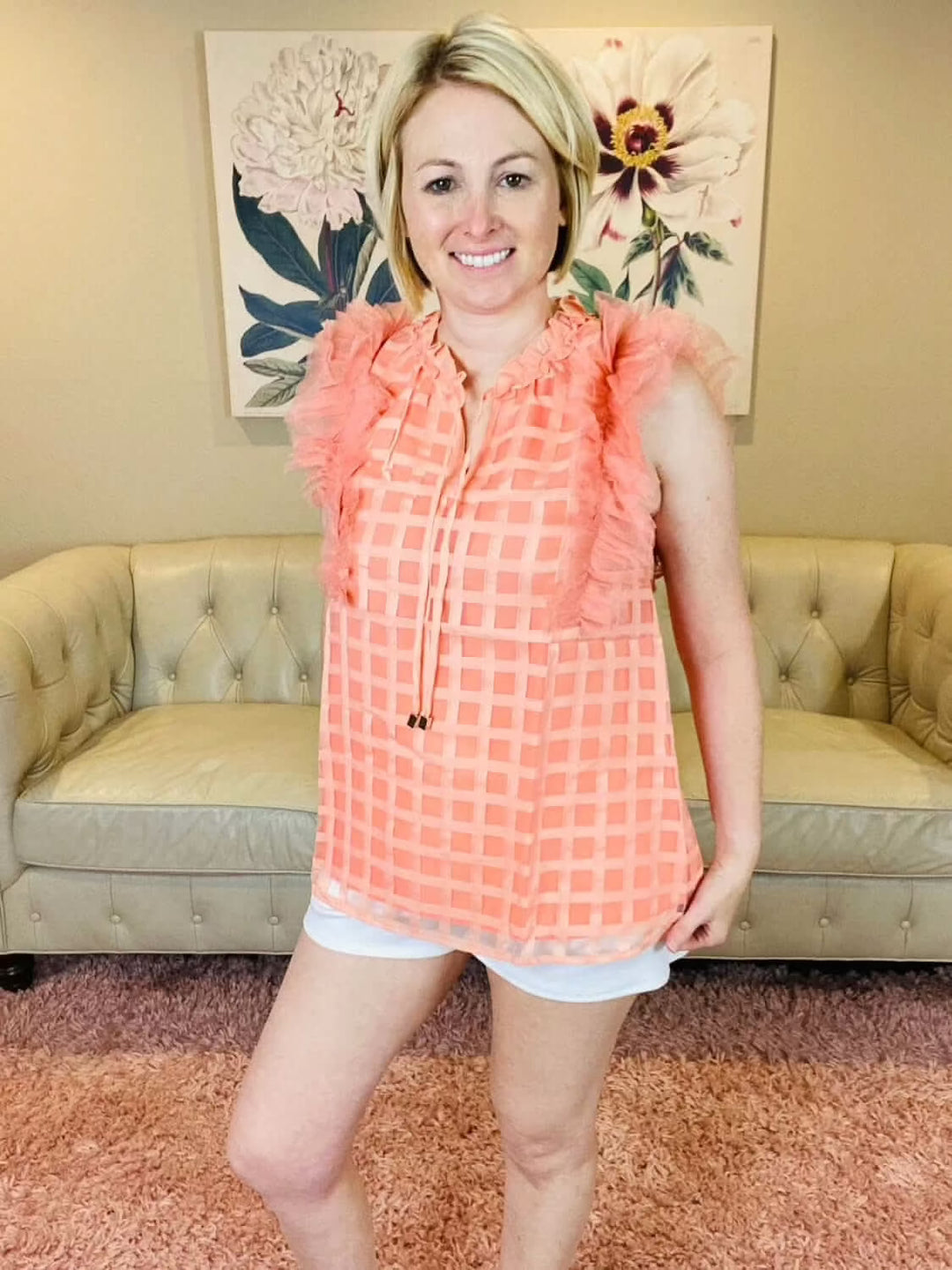 Peach Colored Grid Pattern Organza Top - Lolo Viv Boutique