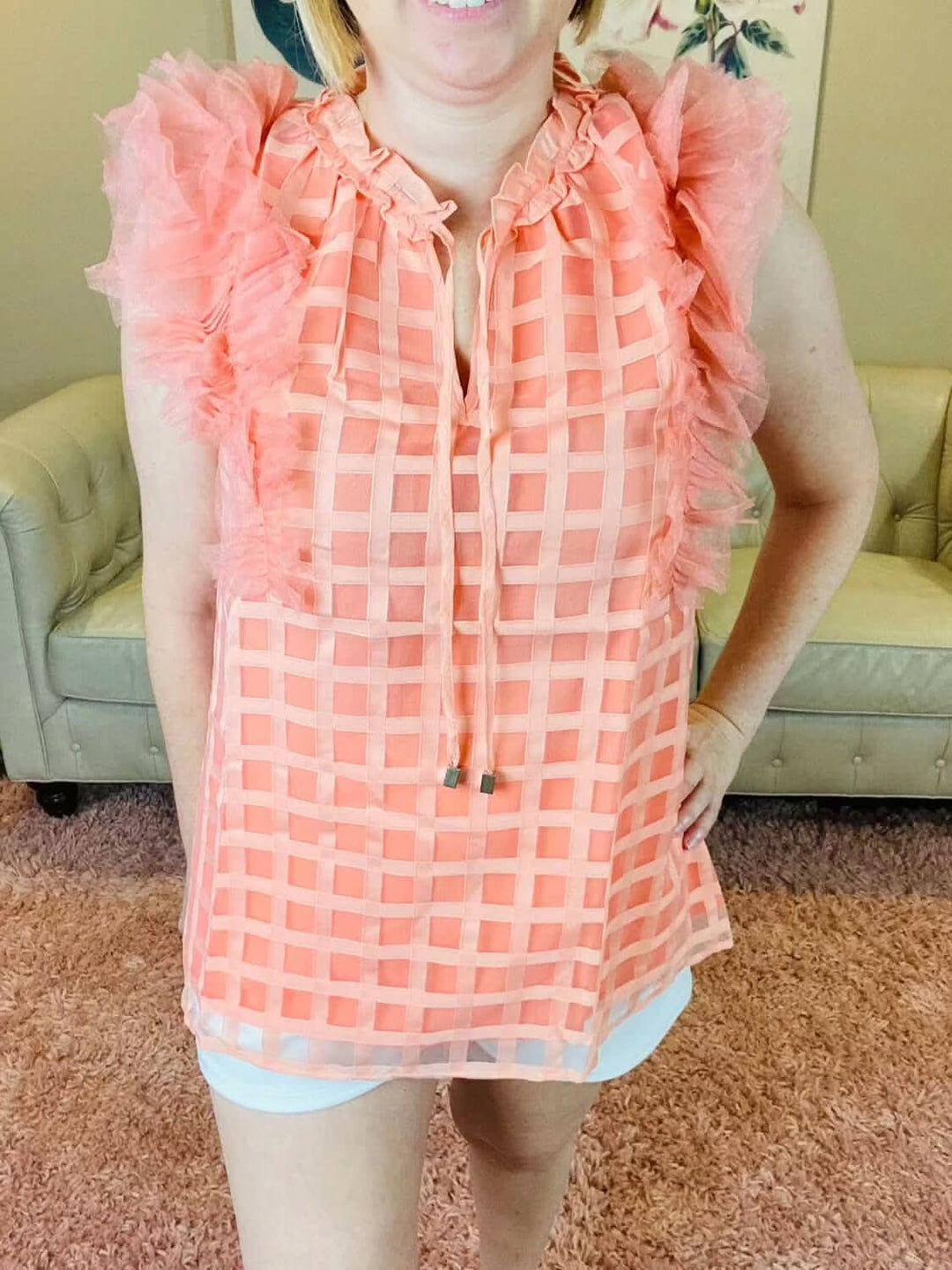 Peach Colored Grid Pattern Organza Top - Lolo Viv Boutique