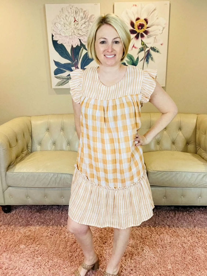 Orange and White Gingham Mixed Ruffle Dress - Lolo Viv Boutique