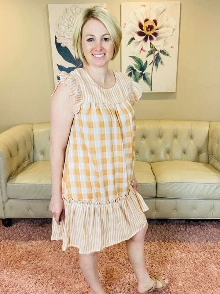 Orange and White Gingham Mixed Ruffle Dress - Lolo Viv Boutique