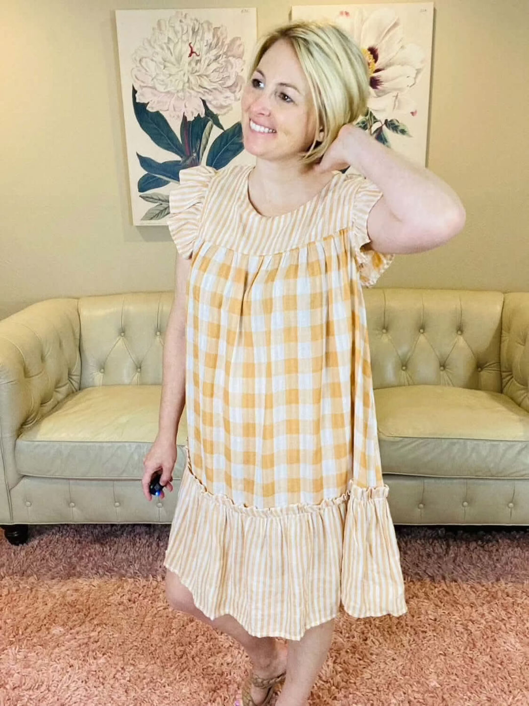 Orange and White Gingham Mixed Ruffle Dress - Lolo Viv Boutique