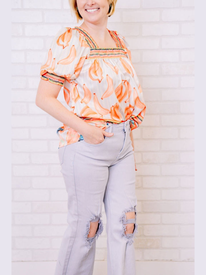 Banana Print Smocked Top with Sleeves - Lolo Viv Boutique