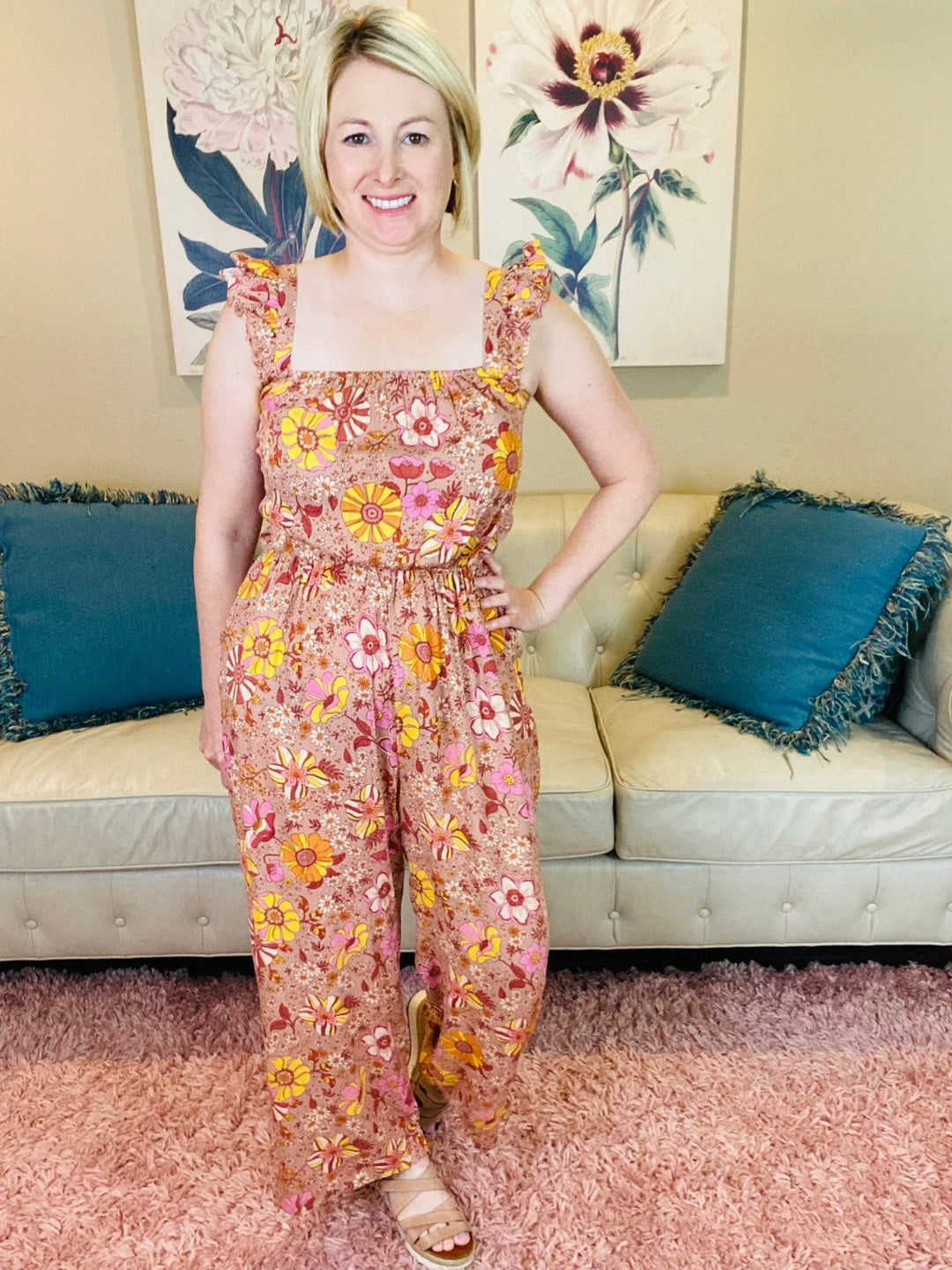 Beige Retro Floral Jumpsuit - Reg & Curvy - Lolo Viv Boutique