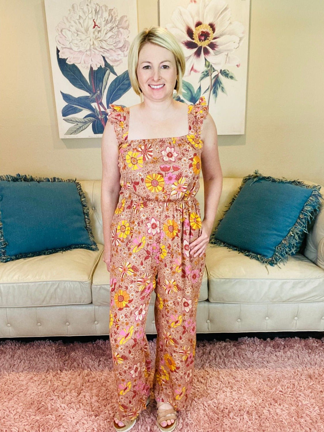 Beige Retro Floral Jumpsuit - Reg & Curvy - Lolo Viv Boutique