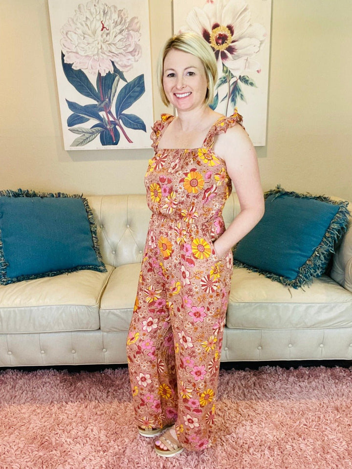 Beige Retro Floral Jumpsuit - Reg & Curvy - Lolo Viv Boutique