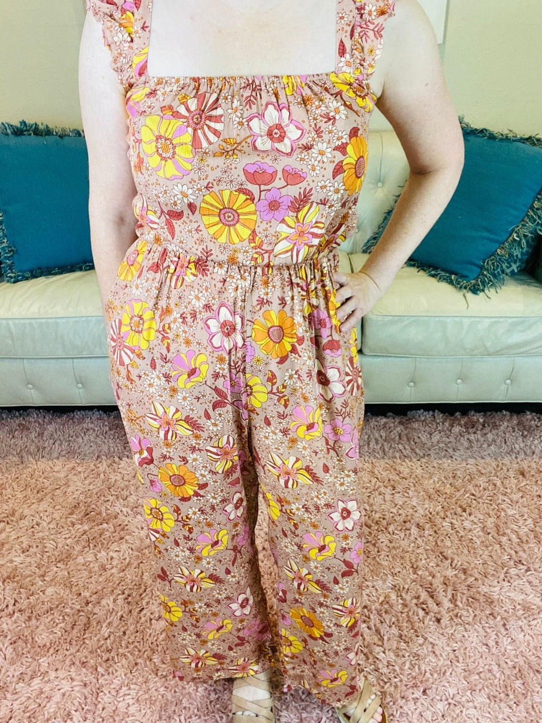 Beige Retro Floral Jumpsuit - Reg & Curvy - Lolo Viv Boutique