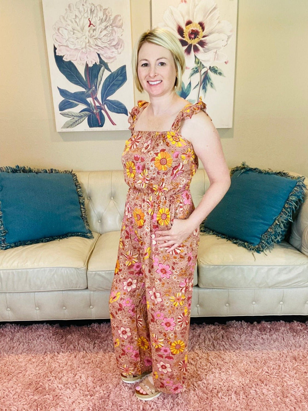 Beige Retro Floral Jumpsuit - Reg & Curvy - Lolo Viv Boutique