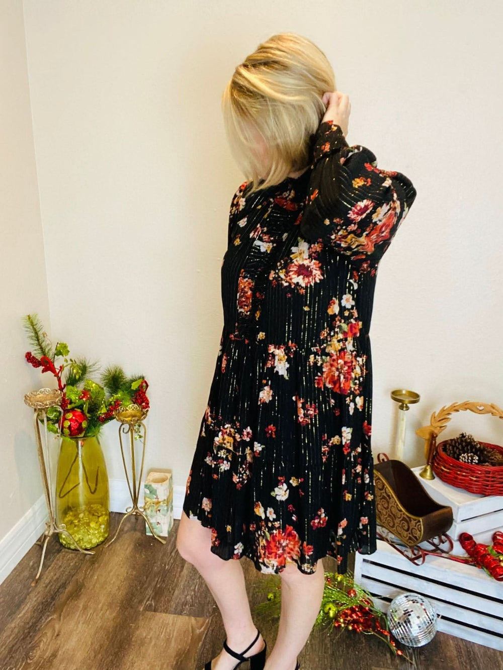 Black Lurex Floral Print Dress - Lolo Viv Boutique