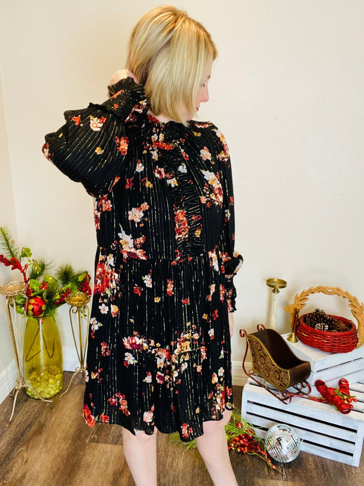 Black Lurex Floral Print Dress - Lolo Viv Boutique