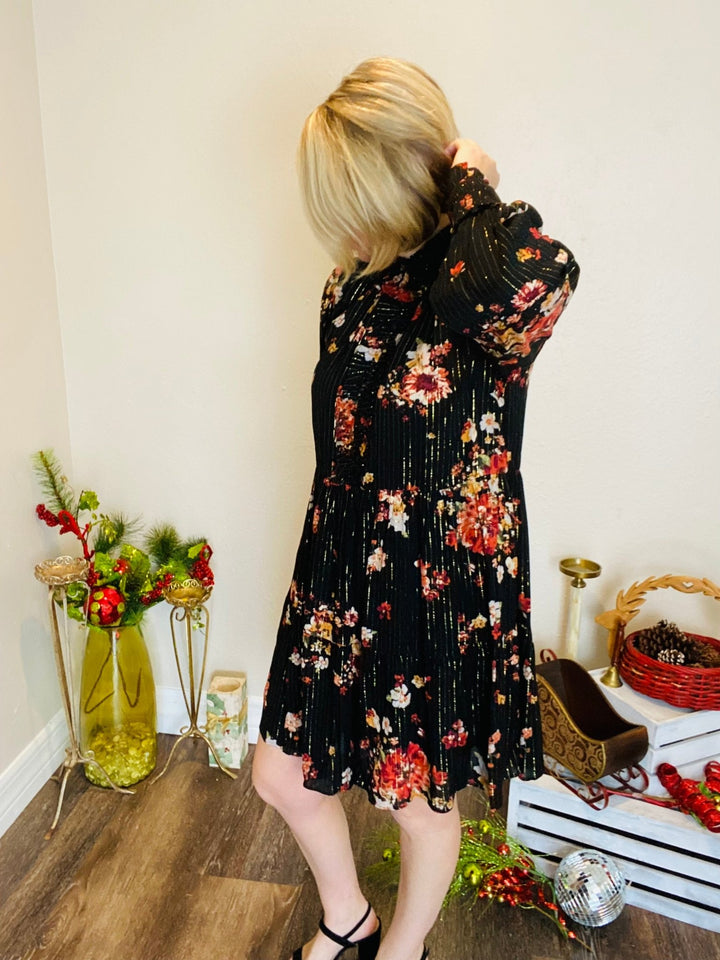 Black Lurex Floral Print Dress - Lolo Viv Boutique