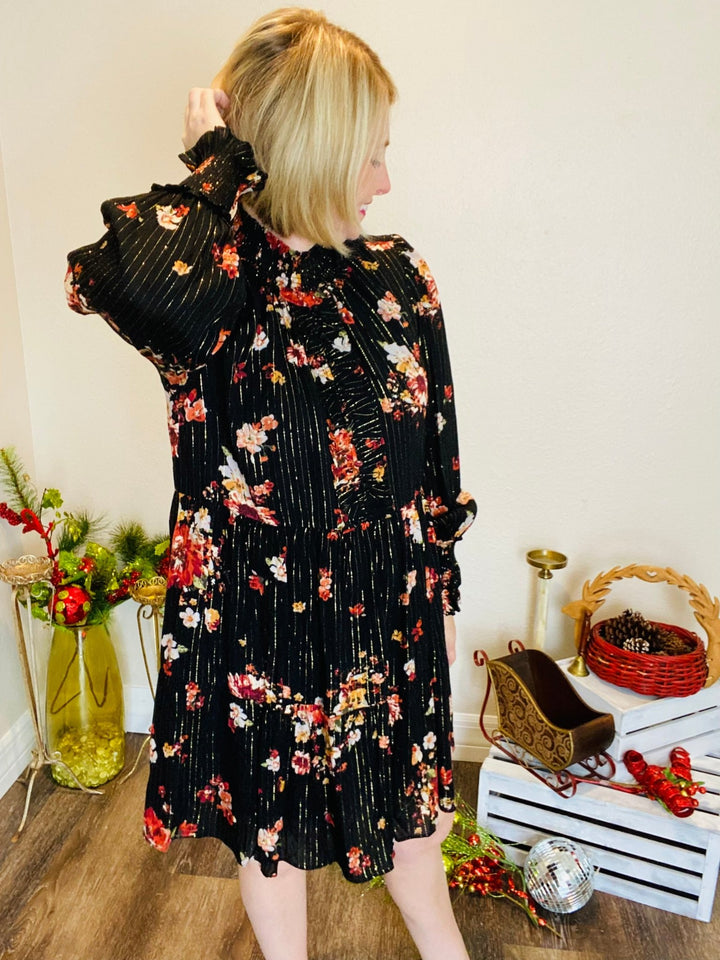 Black Lurex Floral Print Dress - Lolo Viv Boutique