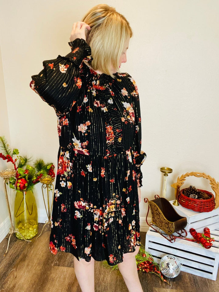 Black Lurex Floral Print Dress - Lolo Viv Boutique