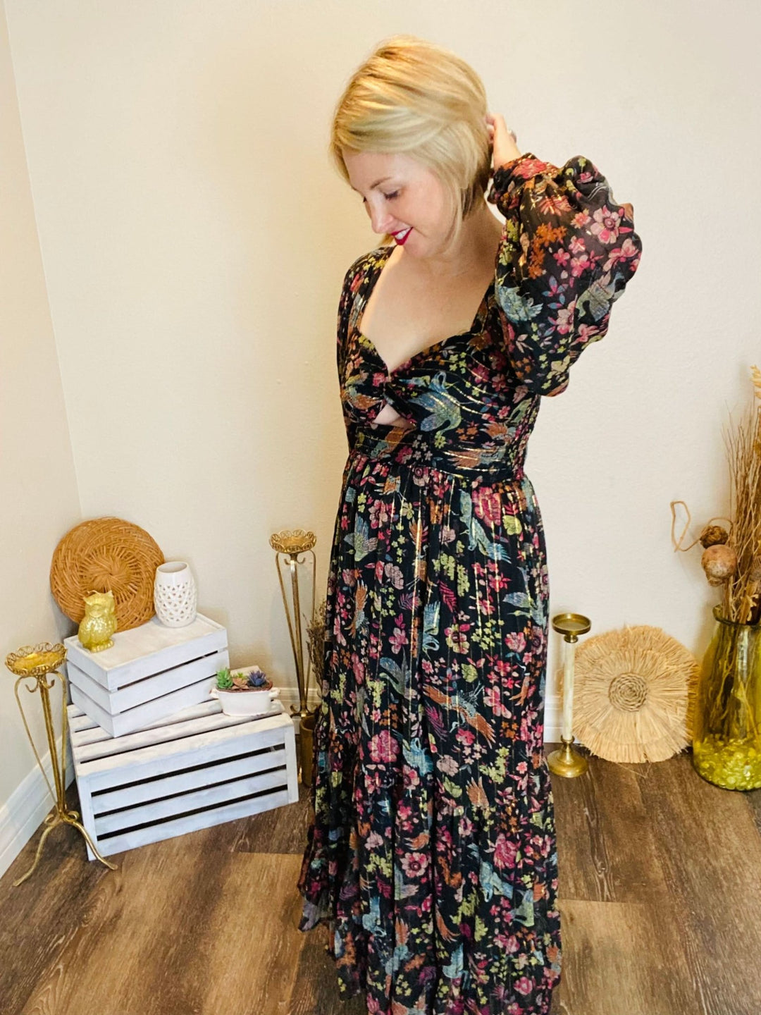 Black Patterned Maxi Dress with Metallic Detailing - Lolo Viv Boutique