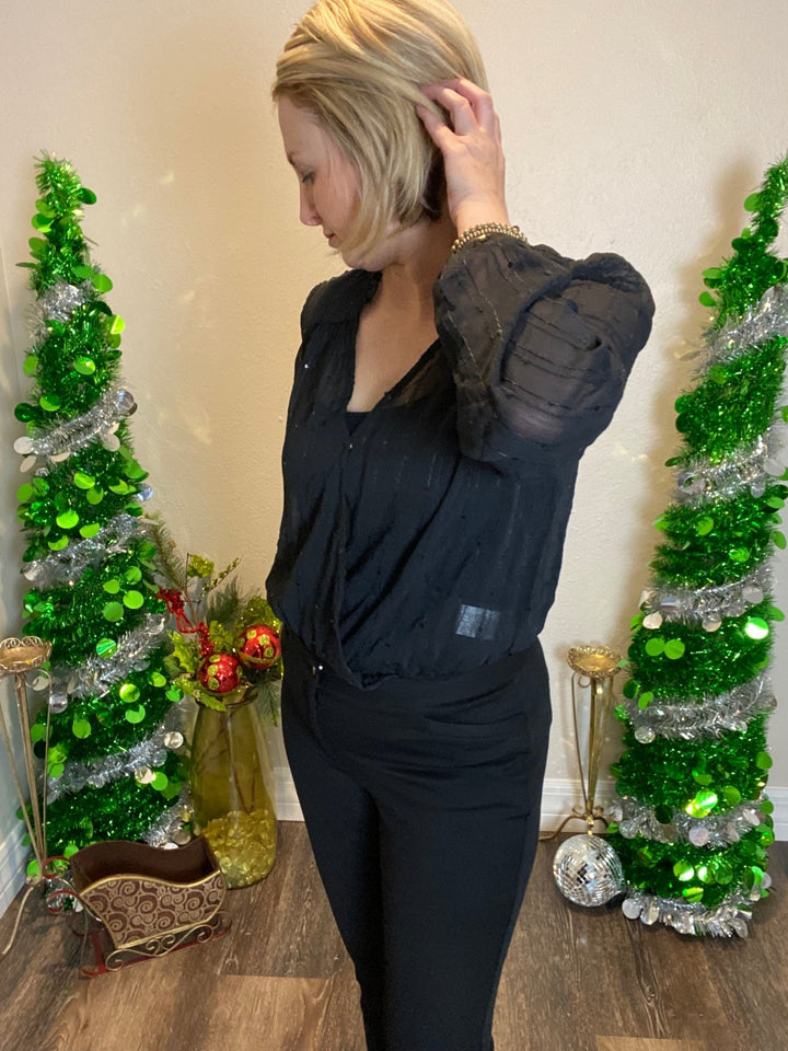 Black Shimmering Long Sleeve Bodysuit - Lolo Viv Boutique