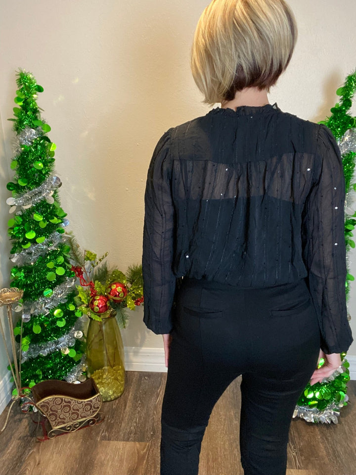 Black Shimmering Long Sleeve Bodysuit - Lolo Viv Boutique