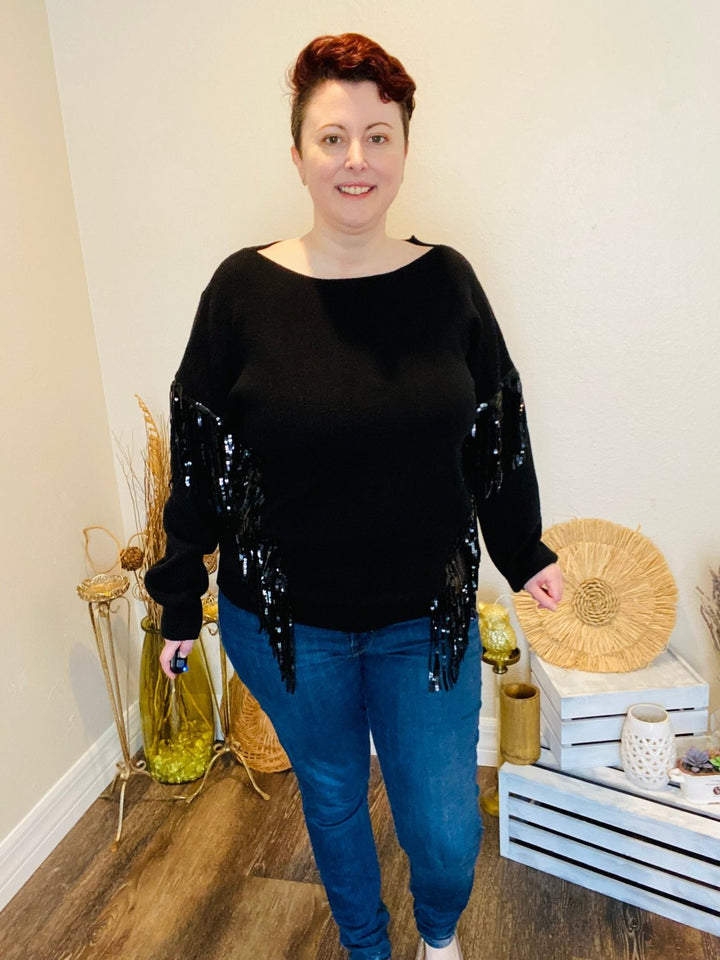 Black Sweater with Sequin Fringe - Curvy - Lolo Viv Boutique