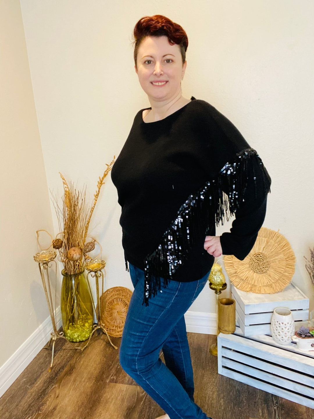 Black Sweater with Sequin Fringe - Curvy - Lolo Viv Boutique