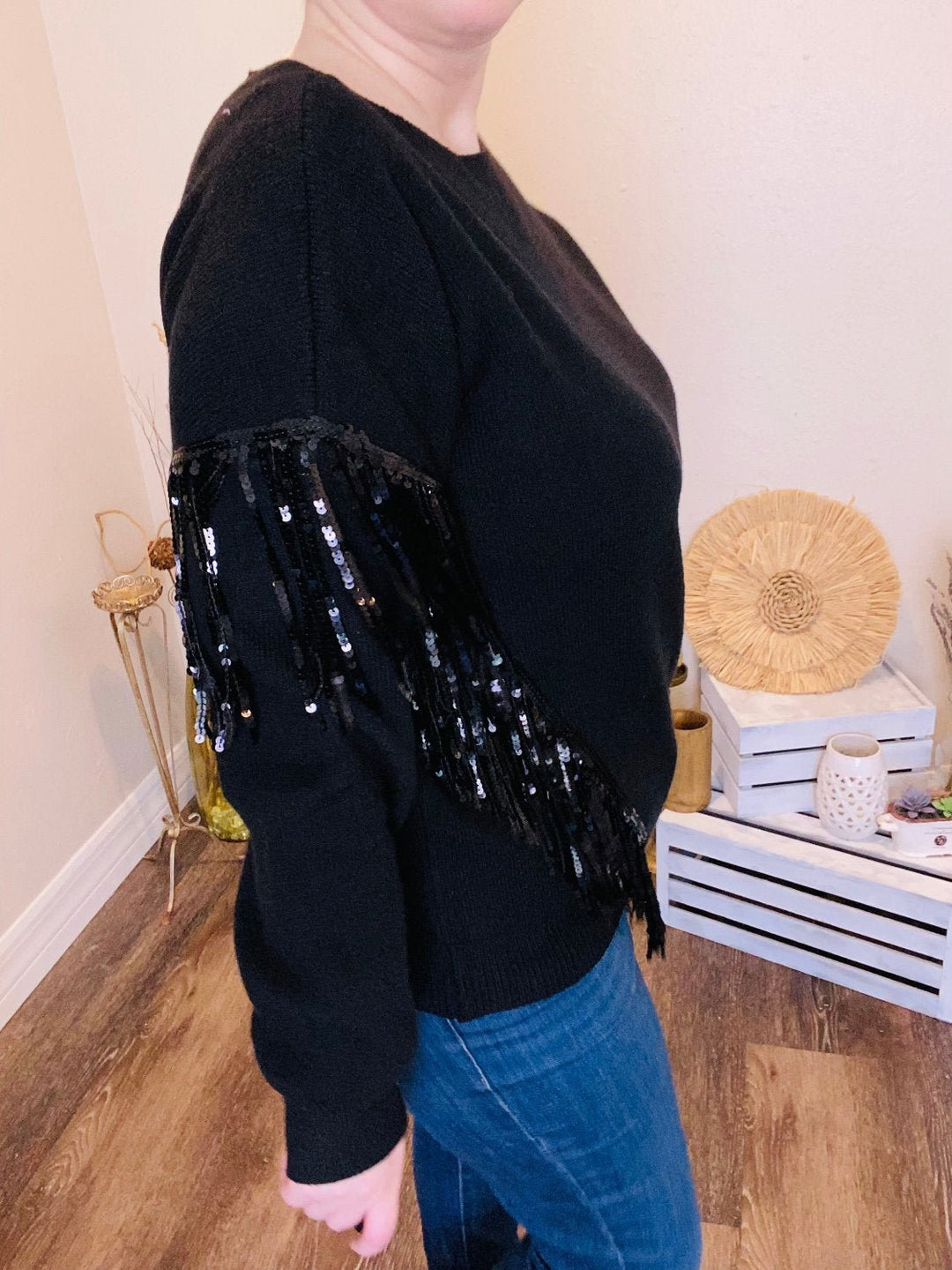 Black Sweater with Sequin Fringe - Curvy - Lolo Viv Boutique