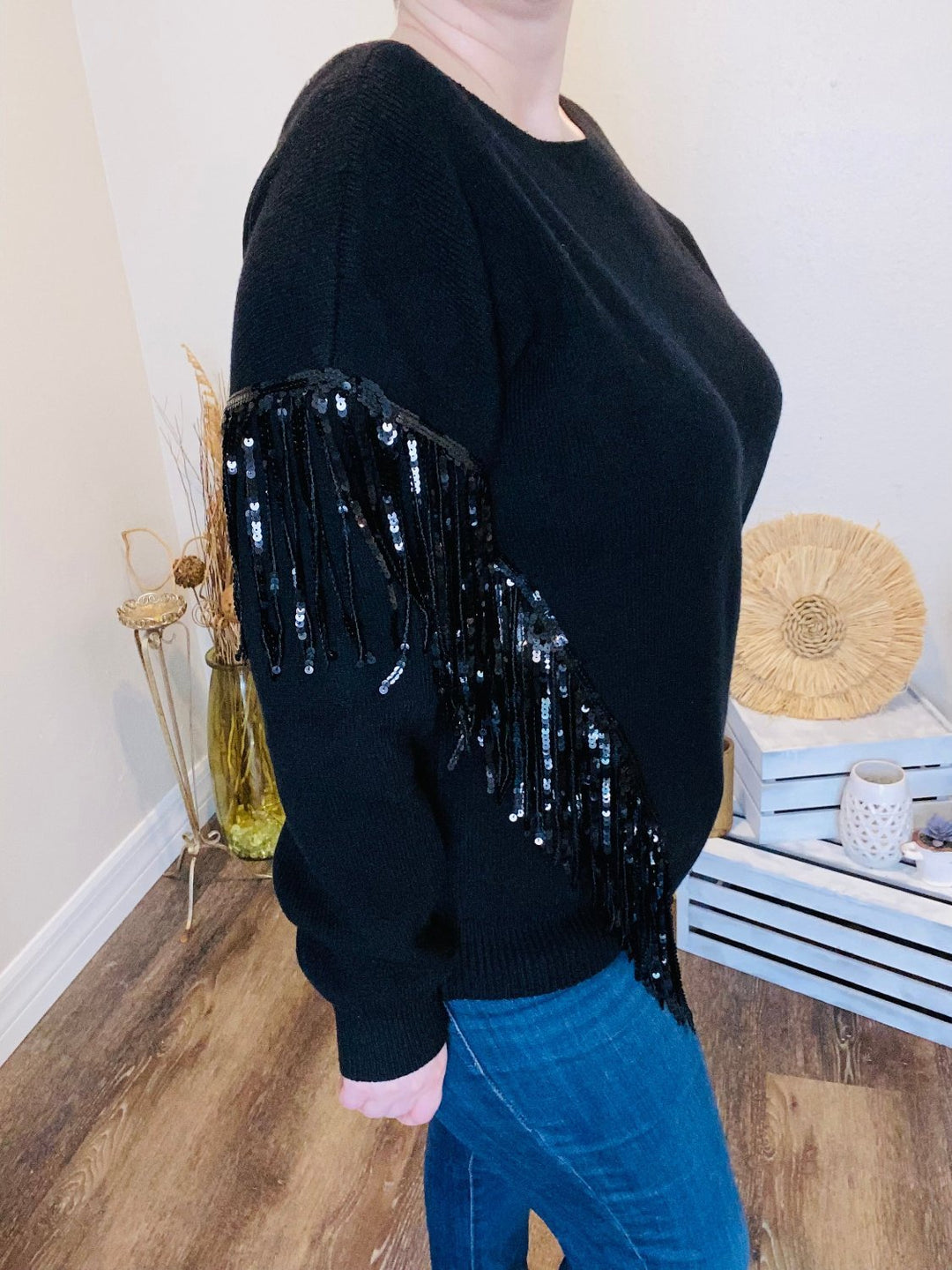 Black Sweater with Sequin Fringe - Curvy - Lolo Viv Boutique