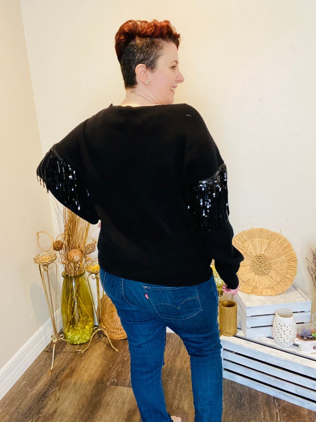 Black Sweater with Sequin Fringe - Curvy - Lolo Viv Boutique