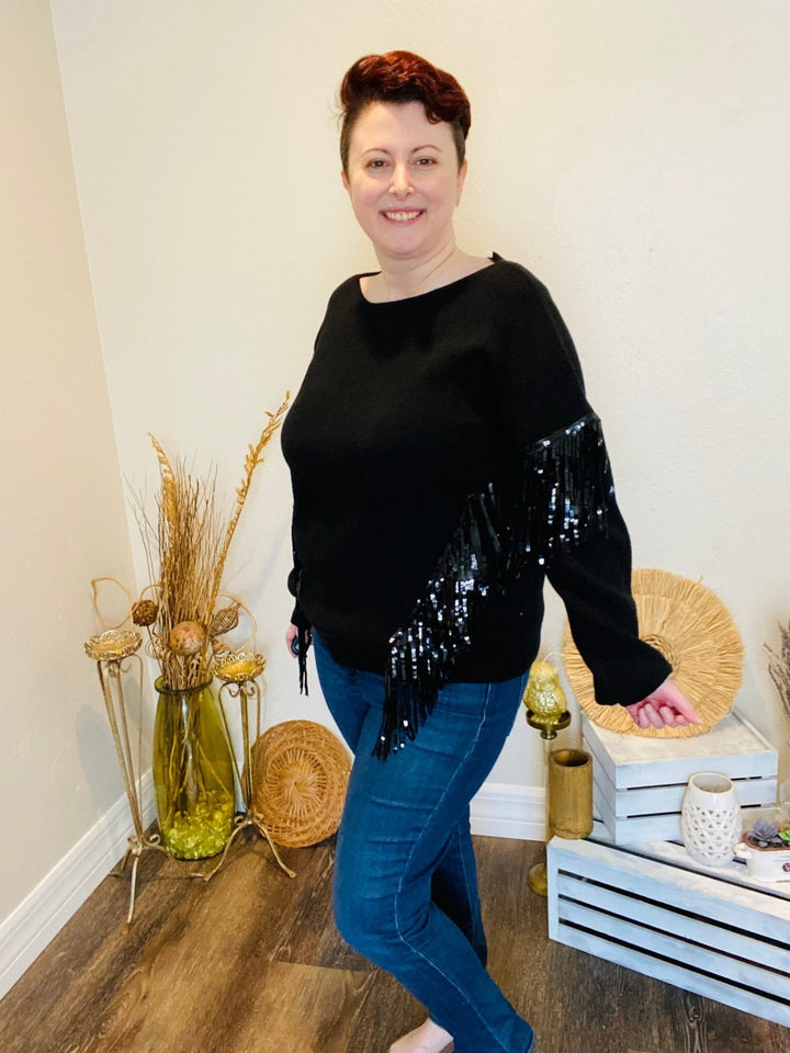 Black Sweater with Sequin Fringe - Curvy - Lolo Viv Boutique