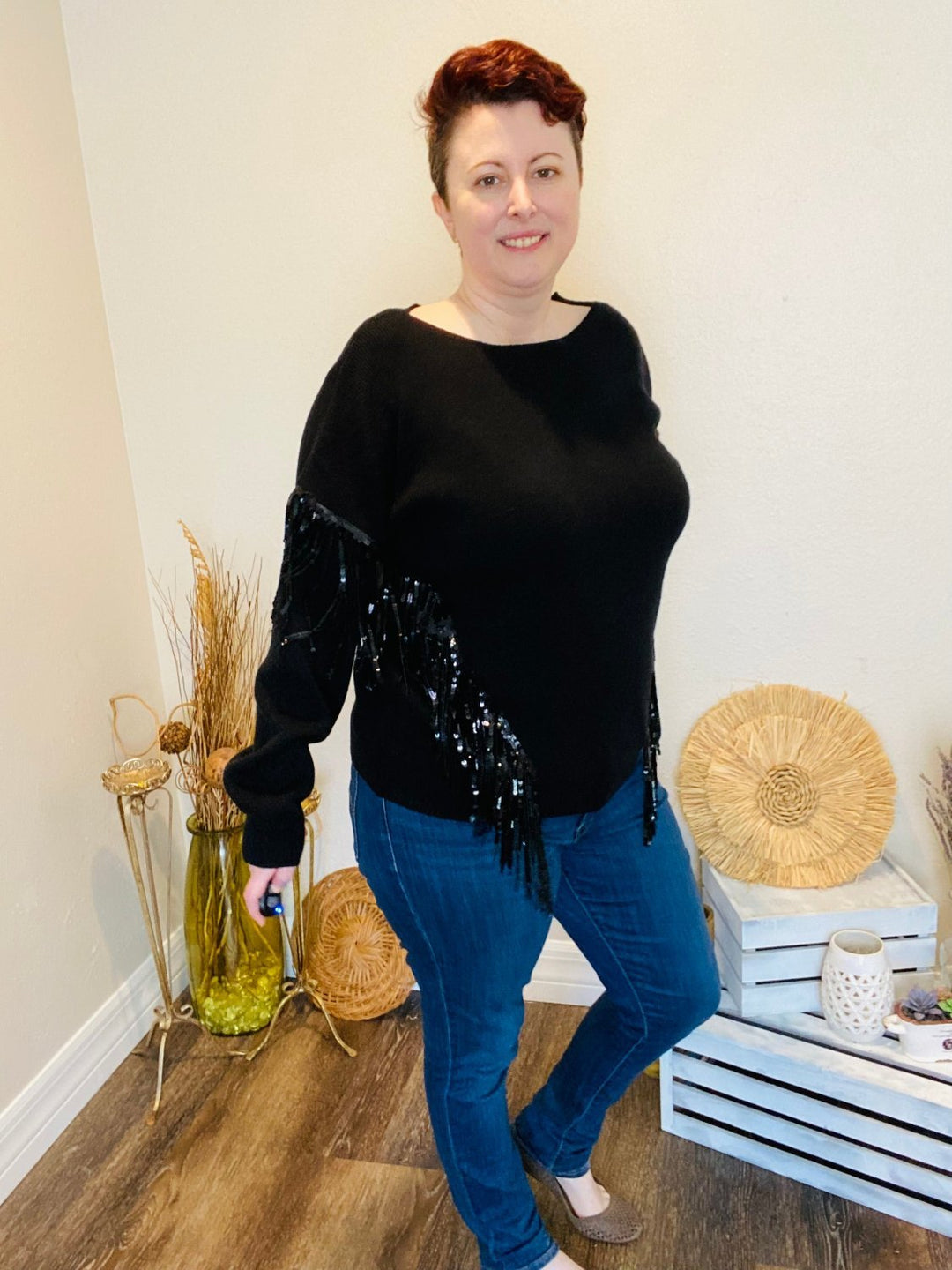 Black Sweater with Sequin Fringe - Curvy - Lolo Viv Boutique