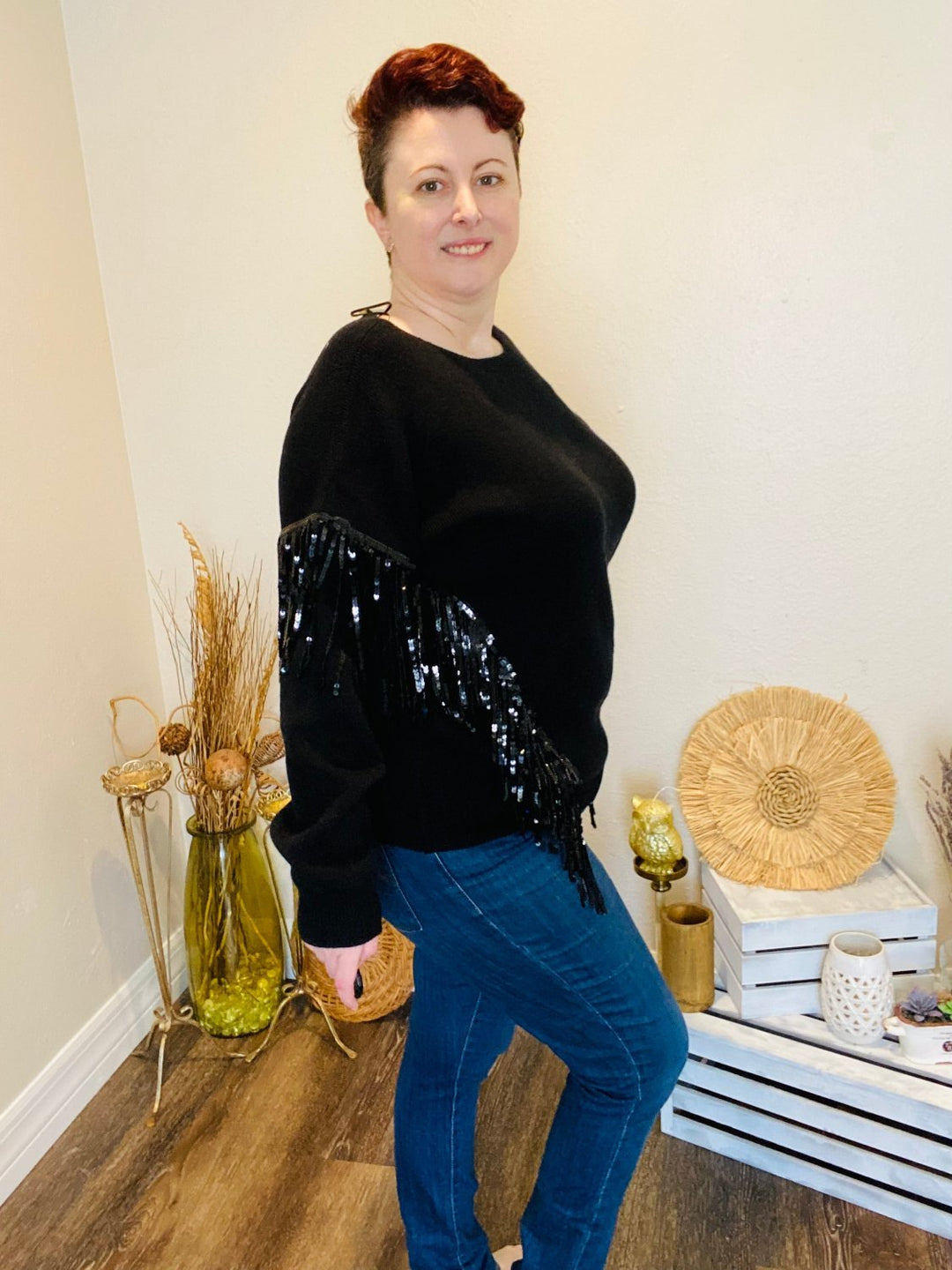 Black Sweater with Sequin Fringe - Curvy - Lolo Viv Boutique