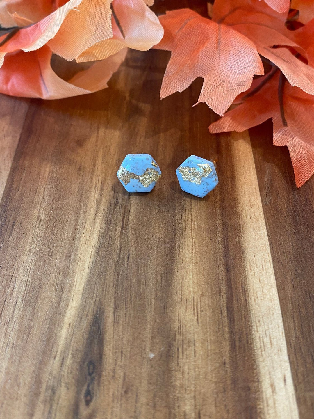 Blue and Gold Hexagon Shaped Stud Earrings - Lolo Viv Boutique