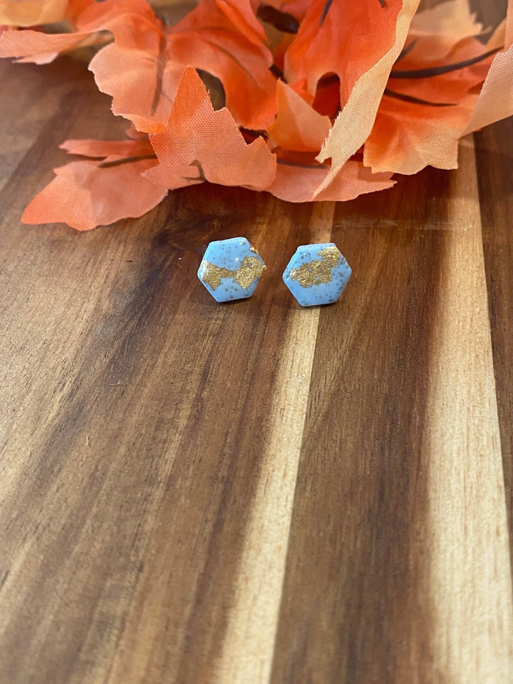 Blue and Gold Hexagon Shaped Stud Earrings - Lolo Viv Boutique