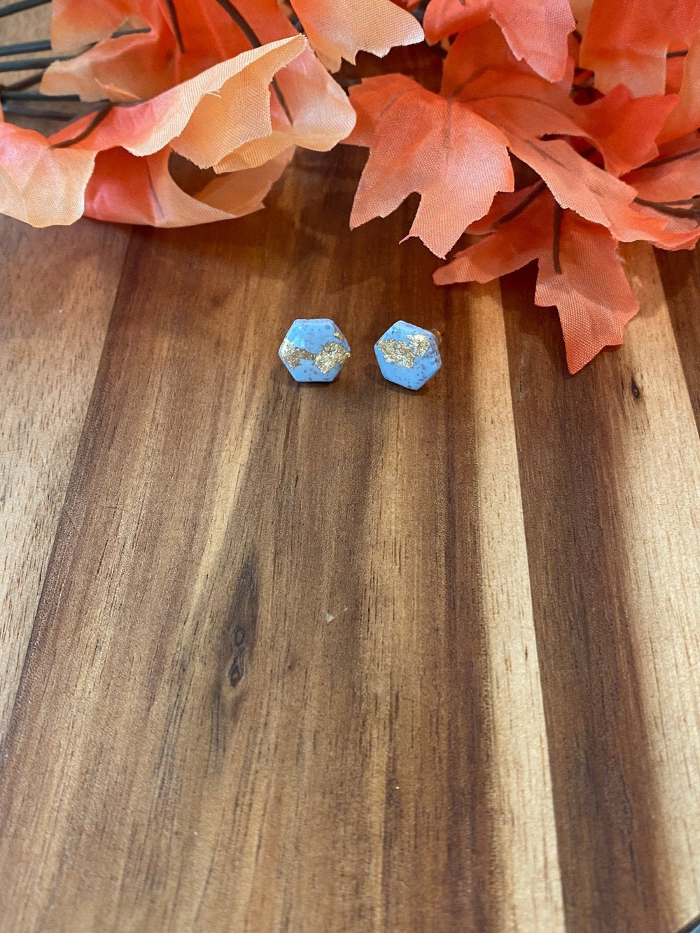 Blue and Gold Hexagon Shaped Stud Earrings - Lolo Viv Boutique