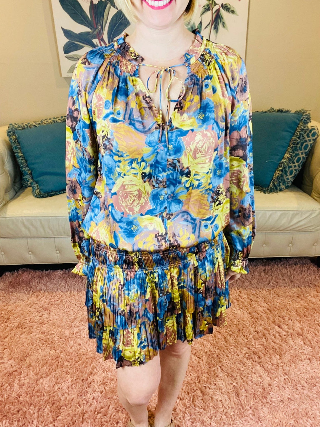 Blue and Gold Pleated Floral Dress - Lolo Viv Boutique