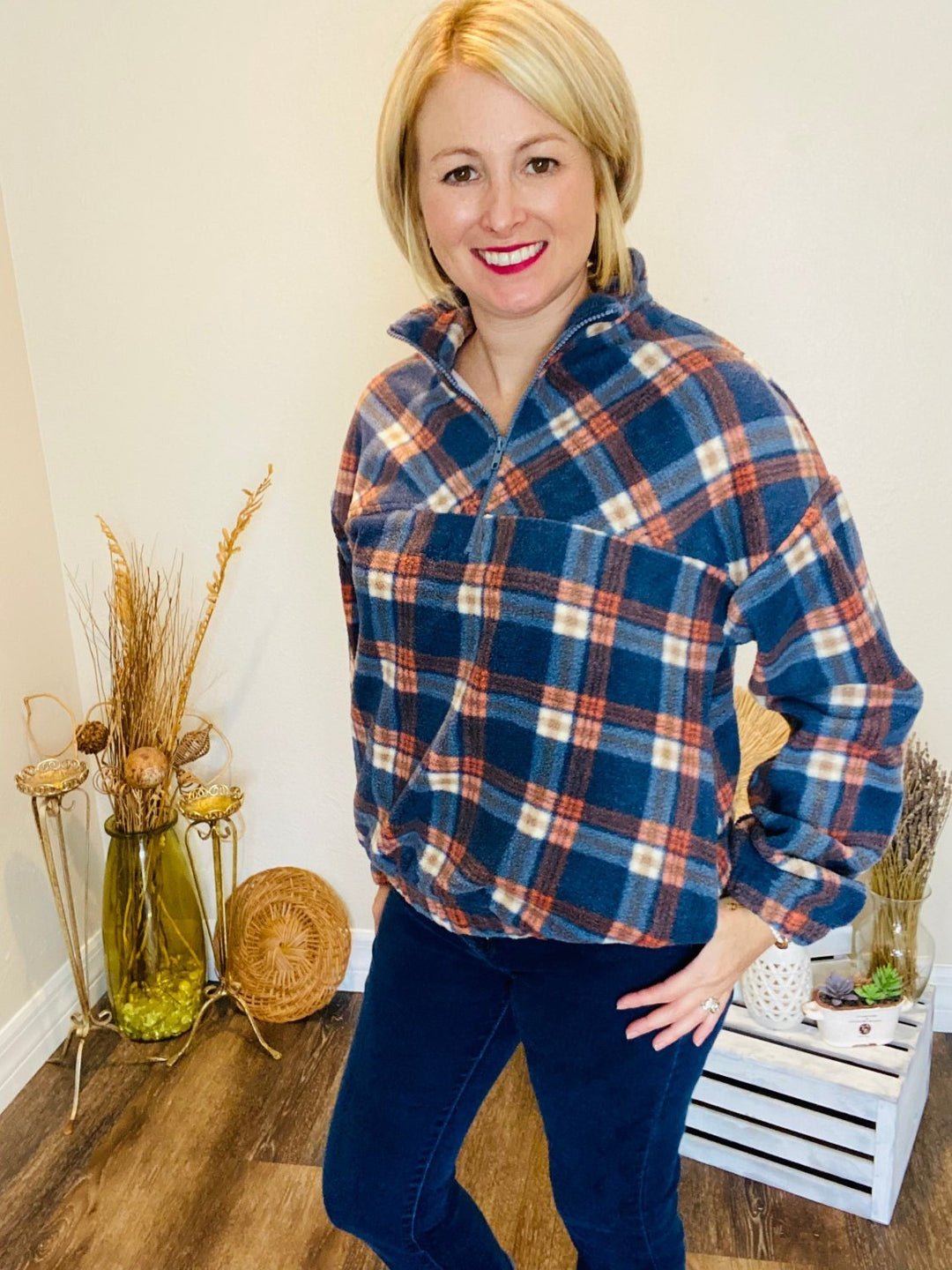 Blue and Orange Plaid Half Zipper Pullover - Lolo Viv Boutique