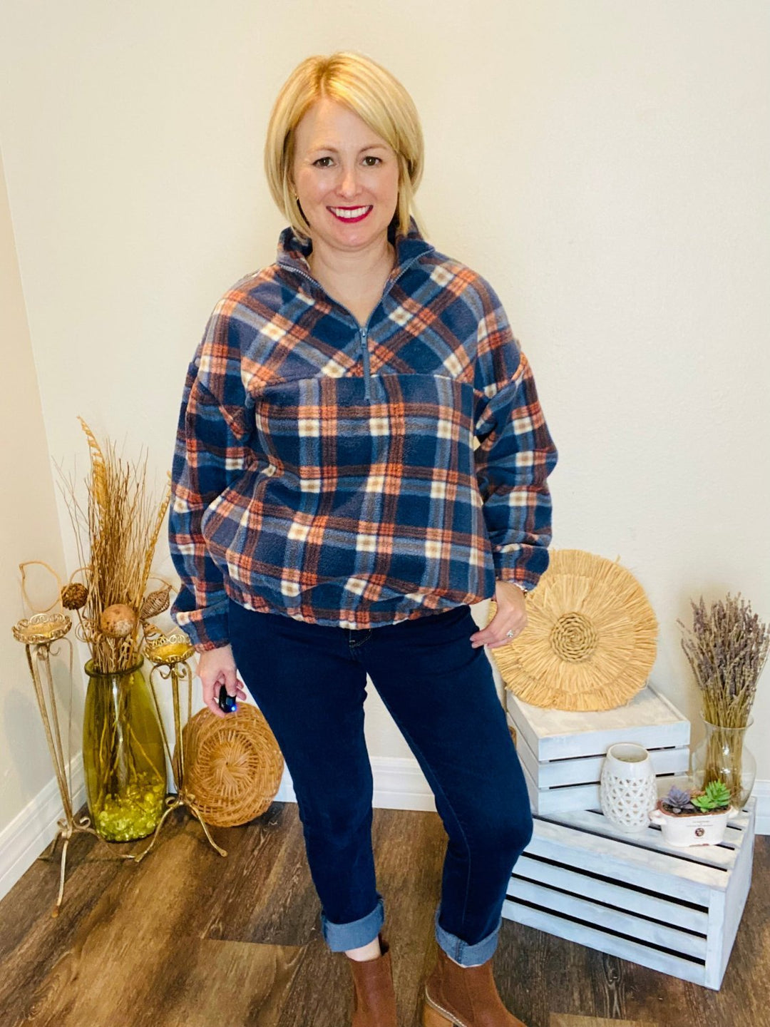 Blue and Orange Plaid Half Zipper Pullover - Lolo Viv Boutique