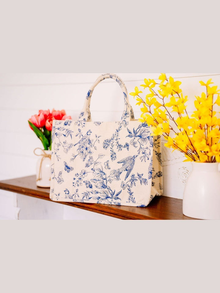 Blue and White Bird and Floral Tote - Lolo Viv Boutique