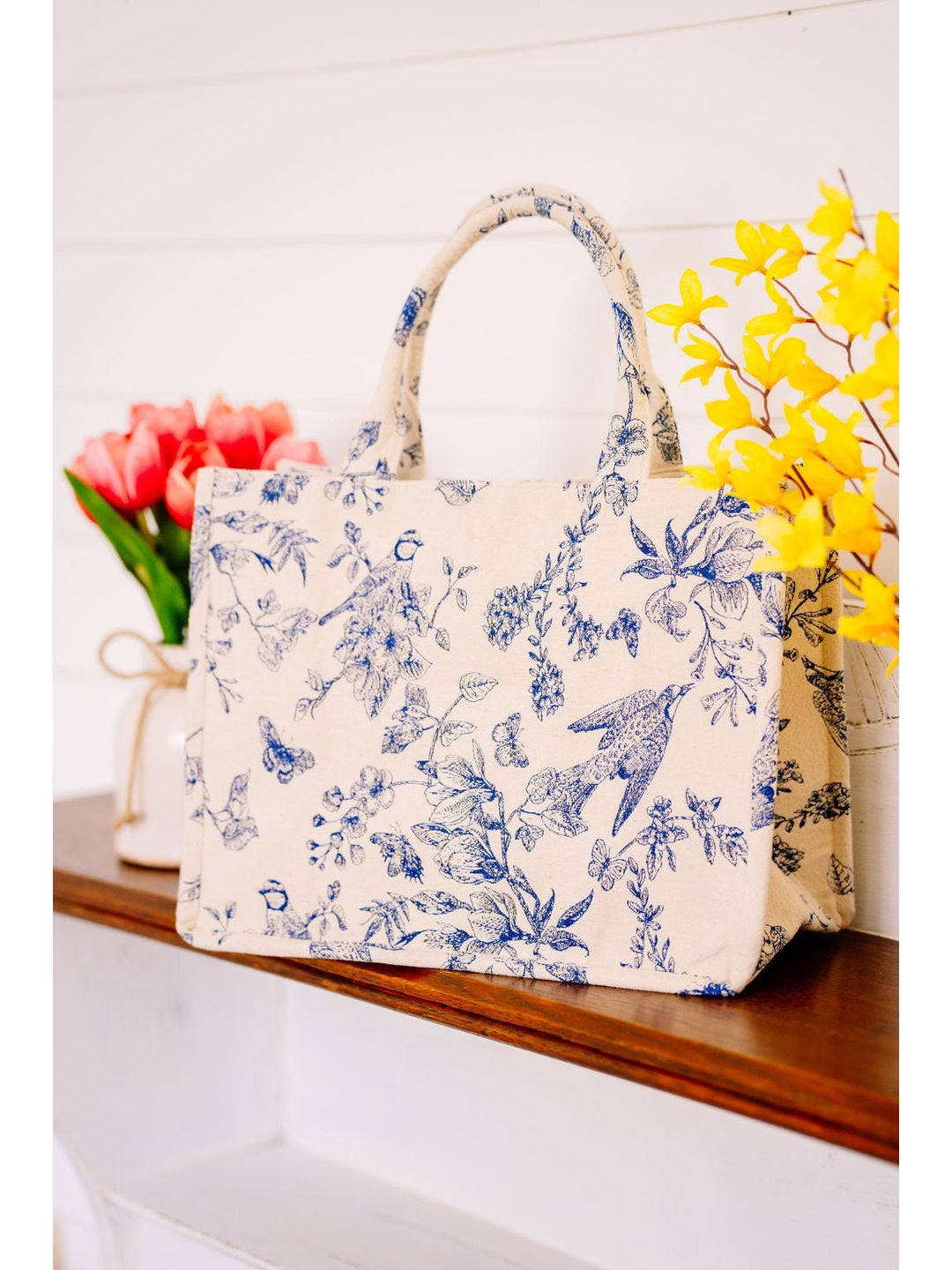 Blue and White Bird and Floral Tote - Lolo Viv Boutique