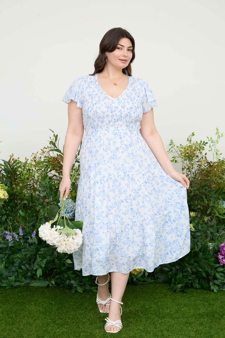 Blue Blossom Smocked Midi Dress - Curvy - Lolo Viv Boutique