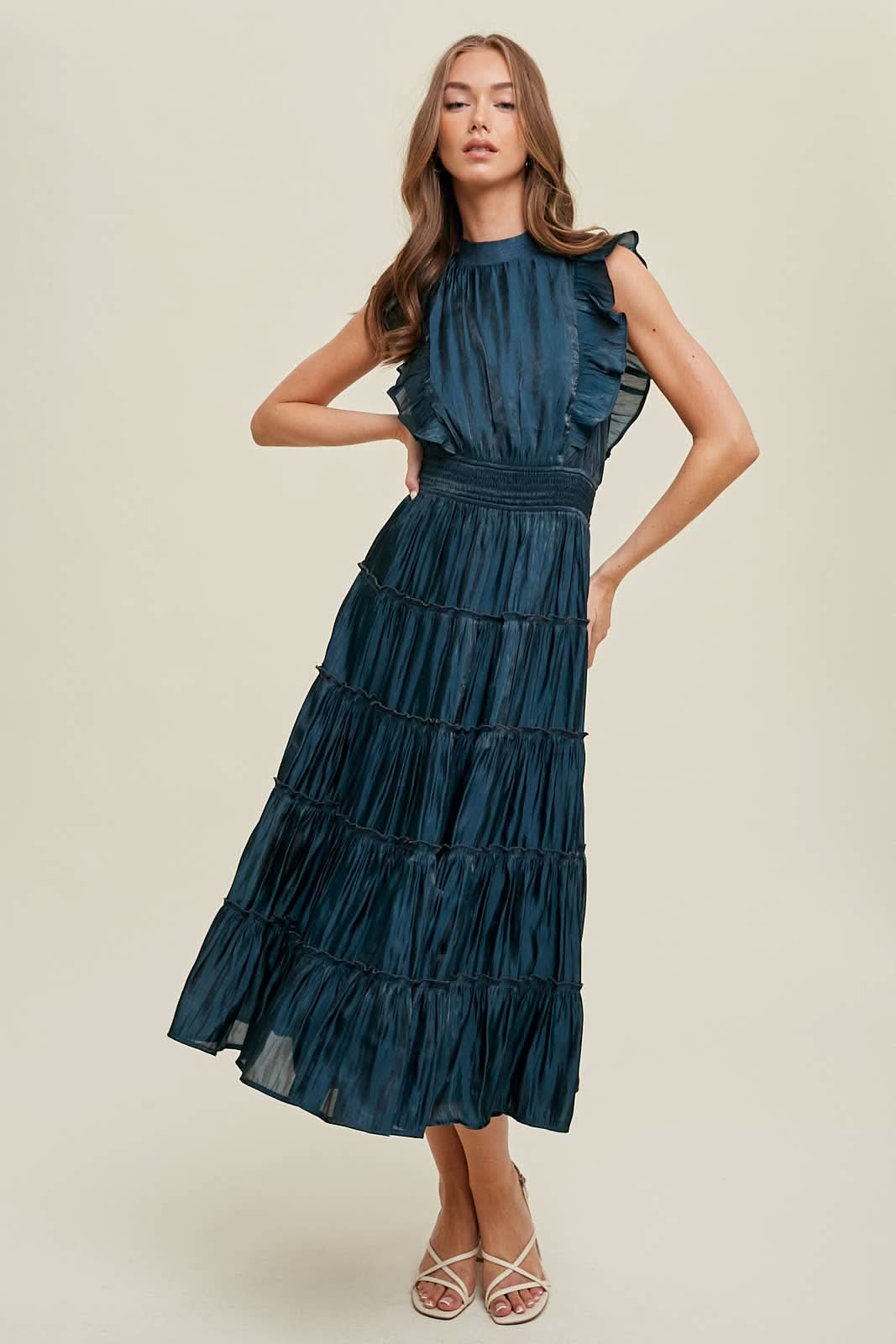 Blue Organza Tiered Midi Dress with Ruffle Detail - Lolo Viv Boutique