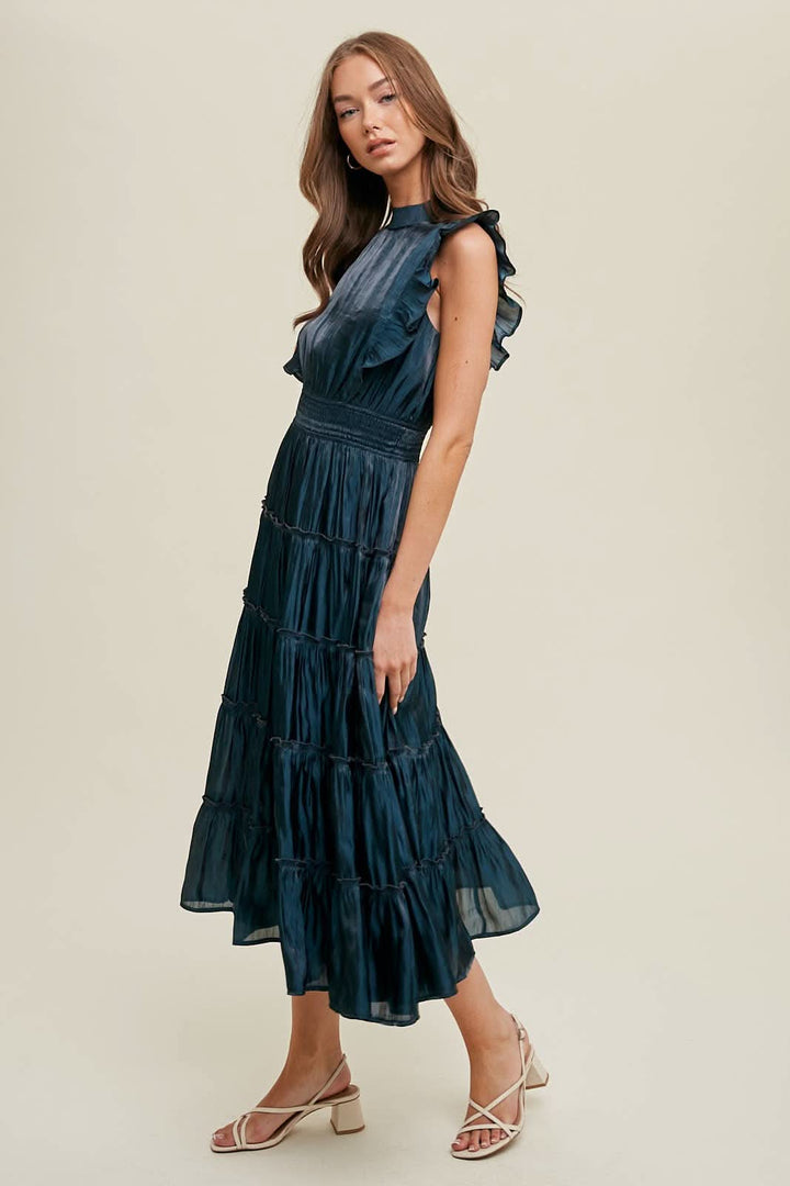 Blue Organza Tiered Midi Dress with Ruffle Detail - Lolo Viv Boutique