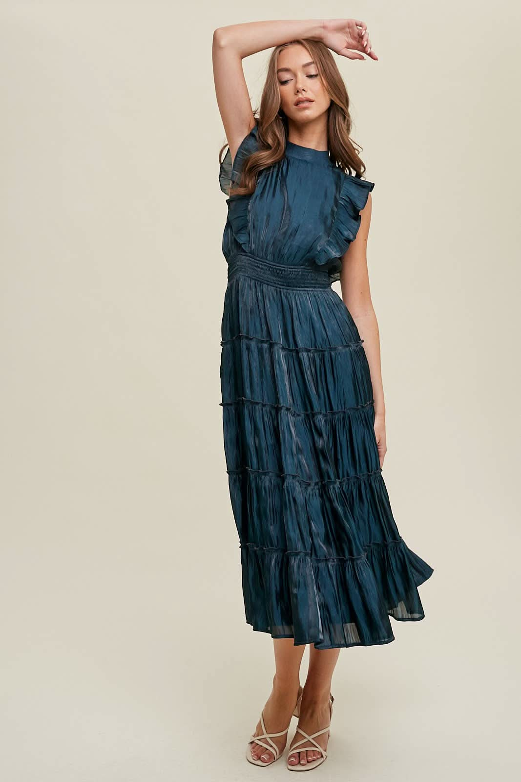 Blue Organza Tiered Midi Dress with Ruffle Detail - Lolo Viv Boutique